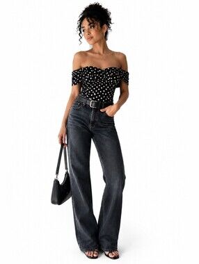 Y2K Black Polka Dot Off Shoulder Mesh Top  Coquette Going Out Top Sheer Ruche